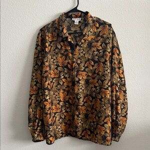 STUNT Vintage 100% Silk Leaf Print Button Down Blouse Size L
